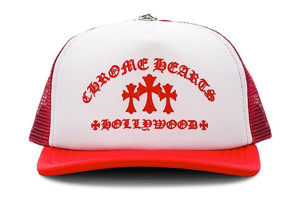 CHROME HEARTS - Boné Hollywood Trucker "Branco/Vermelho" -NOVO-