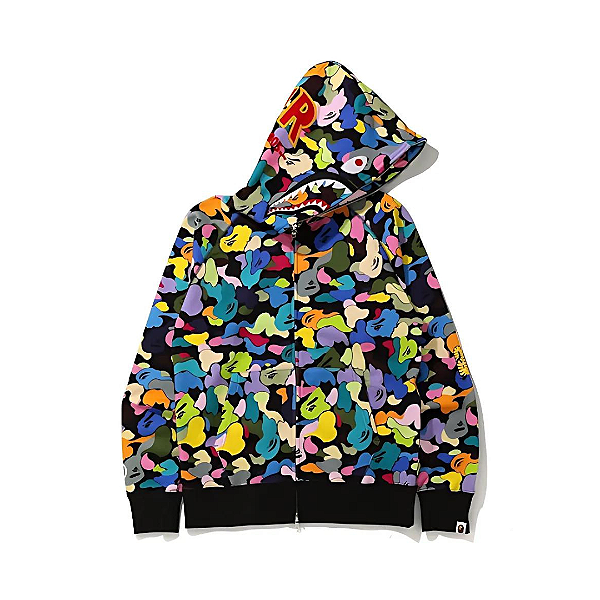 BAPE Moletom Multi Camo Shark Full Zip PONR Preto NOVO Pineapple Co. 100 Autentico Itens Exclusivos e Limitados