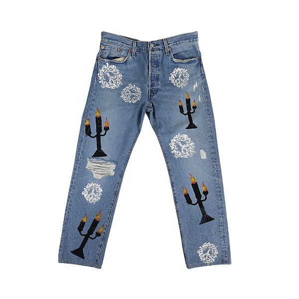 DENIM TEARS x VIRGIL ABLOH - Calça Message In a Tear Printed "Azul" -USADO-