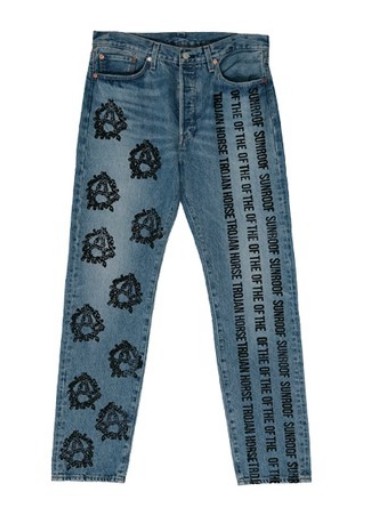DENIM TEARS x CANARY YELLOW - Calça Jeans Sunroof of The Trojan Horse "Azul" -USADO-