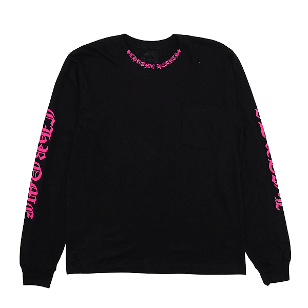 CHROME HEARTS - Camiseta Manga Longa Pocket Crew "Preto/Rosa" -NOVO-