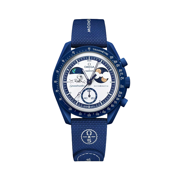 SWATCH x OMEGA - Relógio Bioceramic Mission to Earthphase Moonshine Snoopy Gold (Corn Moon) "Azul Escuro" -NOVO-