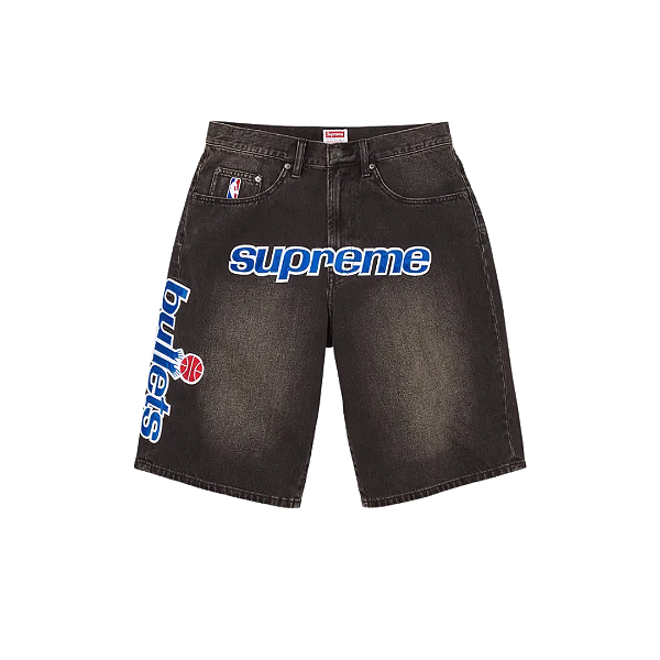 SUPREME x MITCHELL & NESS - Bermuda Washigton Bullet Baggy Denim "Preto" -NOVO-