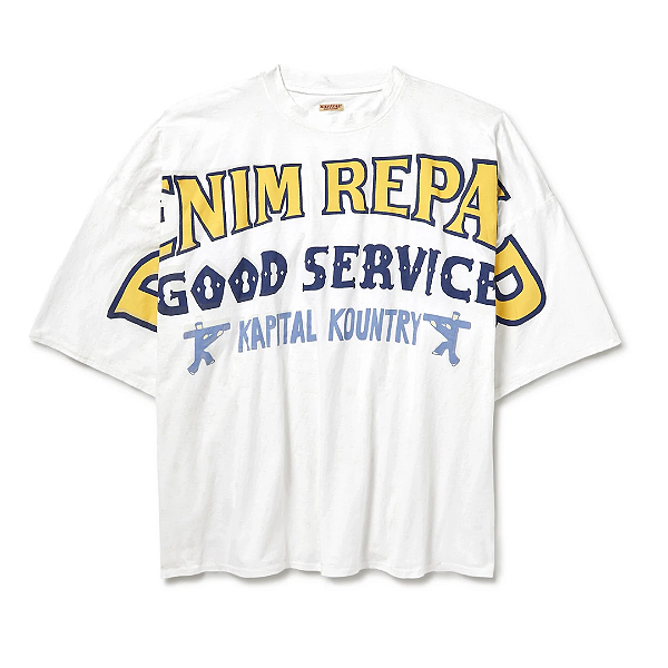 KAPITAL - Camiseta Tenjiku Huge Denim Repair "Branco" -NOVO-