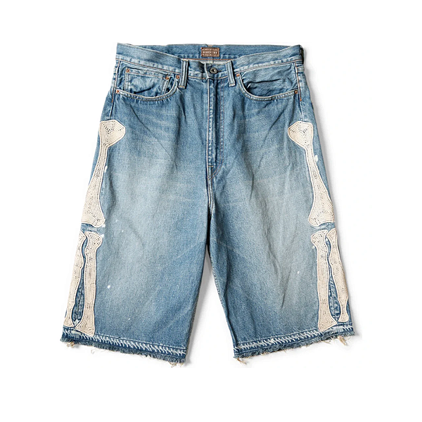 KAPITAL - Bermuda 14oz Denim 5-Pocket Bone Embroidery "Light Indigo" -NOVO-