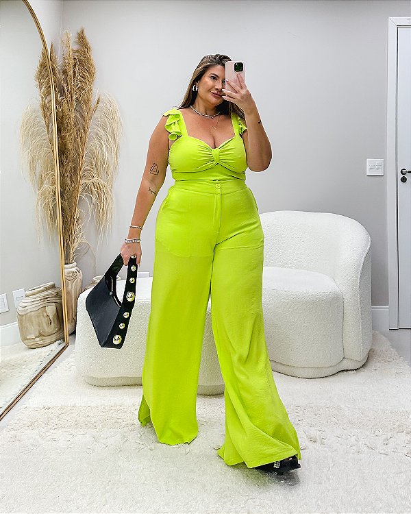Calça Pantalona com Fenda Verde Lima Florescer Quality Moda Plus Size dvs Loja