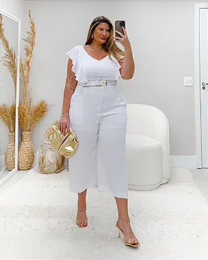 Macacão Manga Babados e Pantacourt Air Flow OffWhite Quality Moda Plus Size Milanjus Sale Loja