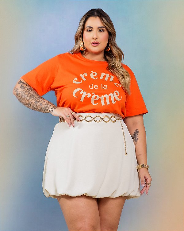 T-Shirt Creme Laranja Golden Quality Moda Plus Size Divas Sale Loja
