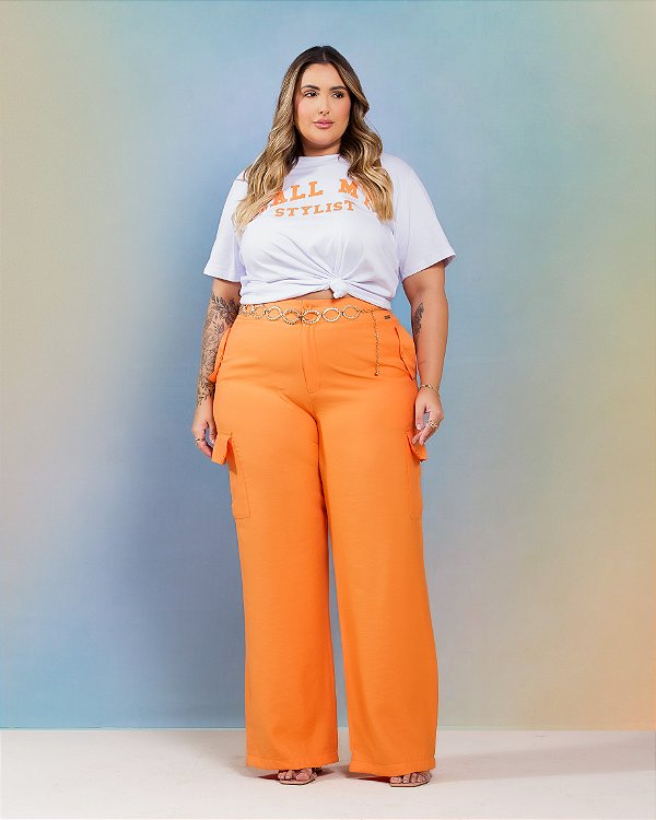 Calça Cargo Lapelas Laranja Golden Quality Moda Plus Size Divas Sale Loja