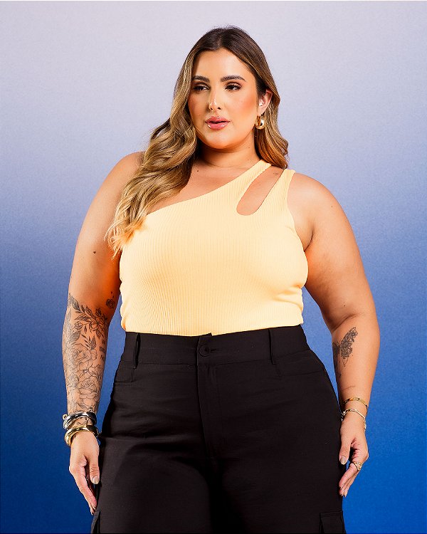 Blusa Ombro Único Laranja Neon Waves Quality Moda Plus Size Divas Sale Loja