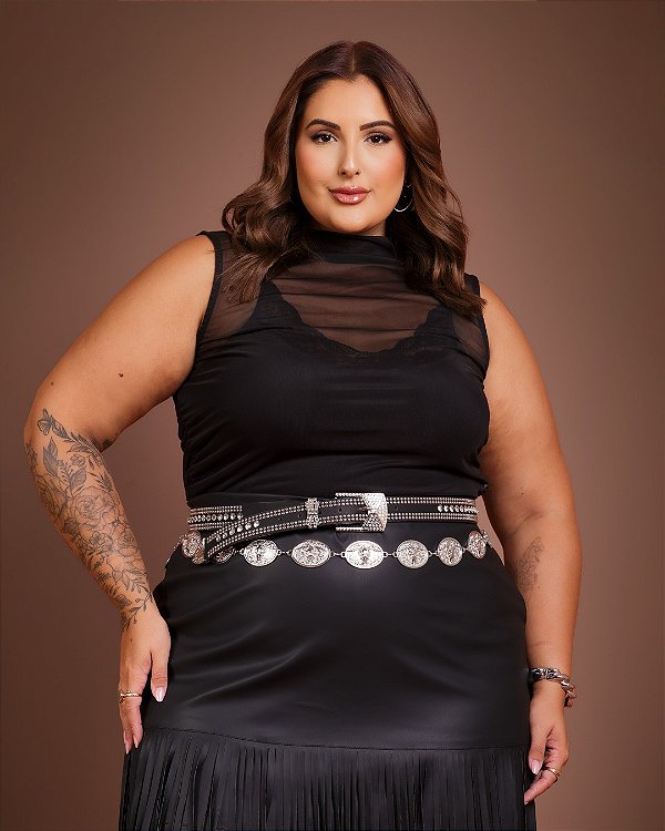 Regata Tule Drapeada Preta Modern Quality Moda Plus Size Divas 3136 loja sale