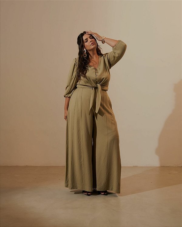 Conjunto Cropped 7/8 e Pantalona Verde Sienna Quality Moda Plus Size Quebela loja 2380 sale