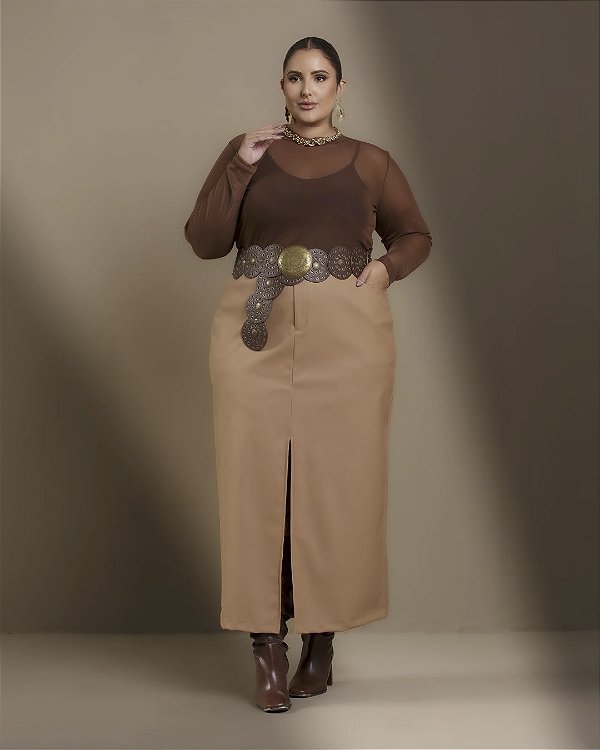 Saia Midi Couro Eco Caramelo Eternity Quality Moda Plus Size Divas 9221 loja sale
