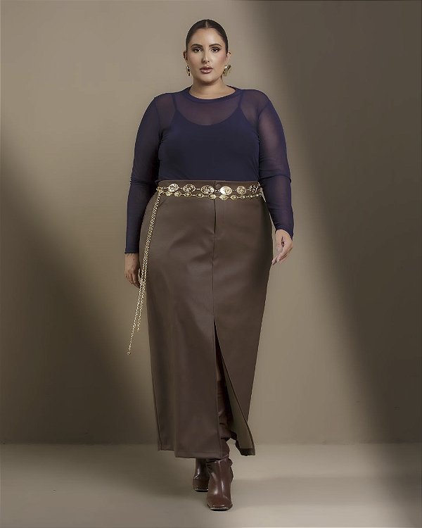 Saia Midi Couro Eco Marrom Eternity Quality Moda Plus Size Divas 9221 loja ultima sale
