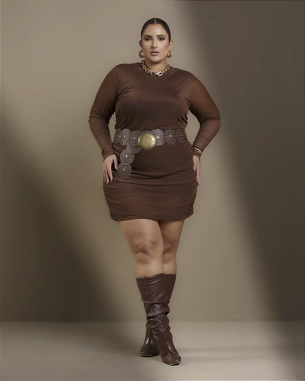 Vestido Tule Drapeado Marrom Eternity Quality Moda Plus Size dvs loja progressivo