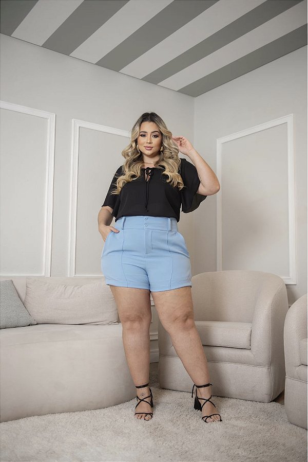 Short Alfaiataria Azul Florata Quality Moda Plus Size Milanjus Primavera