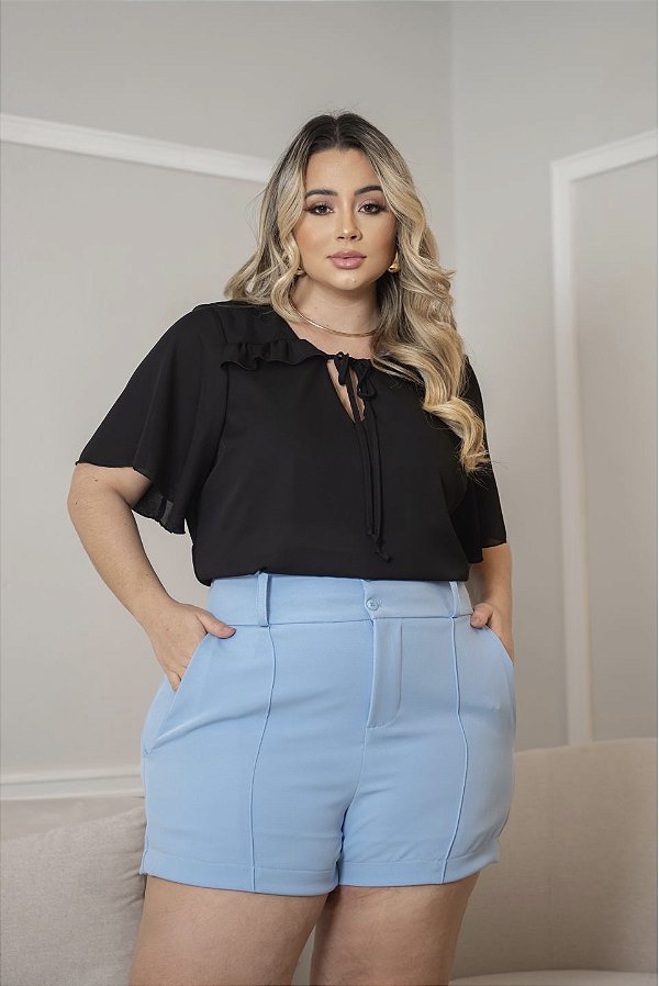 Blusa Manga Curta Preta Florata Quality Moda Plus Size Milanjus Primavera