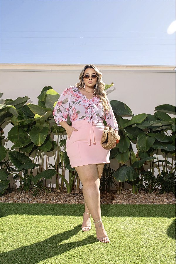 Saia Short Cinto Rosa Florata Quality Moda Plus Size Milanjus Primavera
