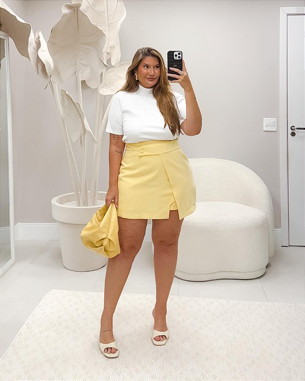 Saia Short Assimétrica Amarela Quality Moda Plus Size Milliossi Primavera loja