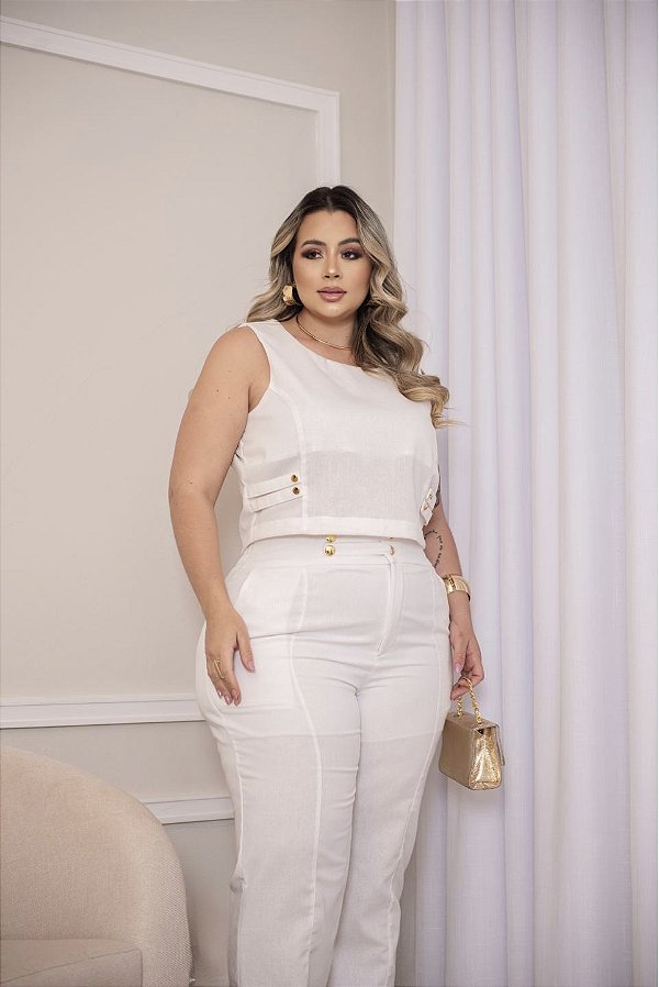 Conjunto Cropped e Calça Fivelas Quality Moda Plus Size Milanjus Primavera