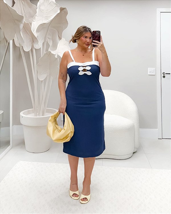 Vestido Midi Laços Marinho Quality Moda Plus Size Duas Primavera