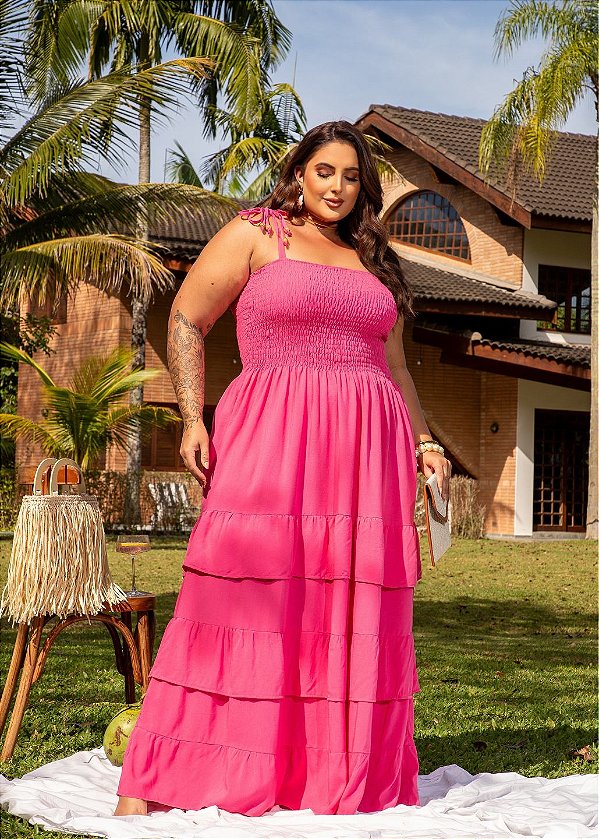 Vestido Longo Babados Pink Quality Moda Plus Size Miareli Primavera