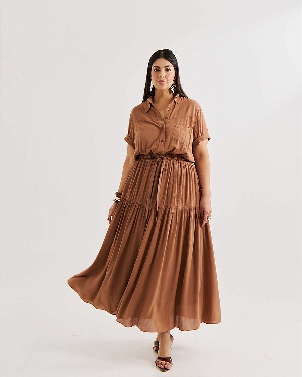 Vestido Midi Marrom Quality Moda Plus Size Quebela Primavera