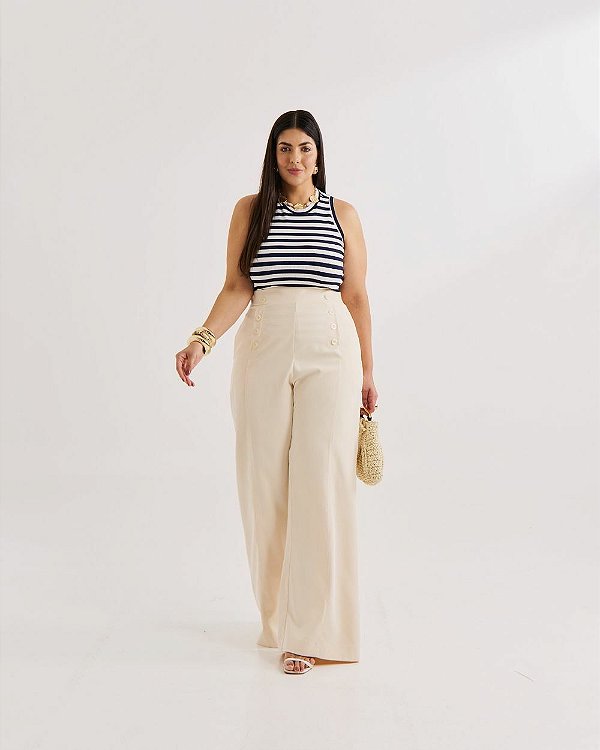 Calça Pantalona Navi Creme Quality Moda Plus Size Quebela Primavera