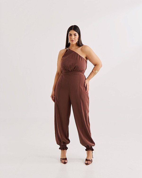 Macacão Estrela Marrom Quality Moda Plus Size Quebela Primavera