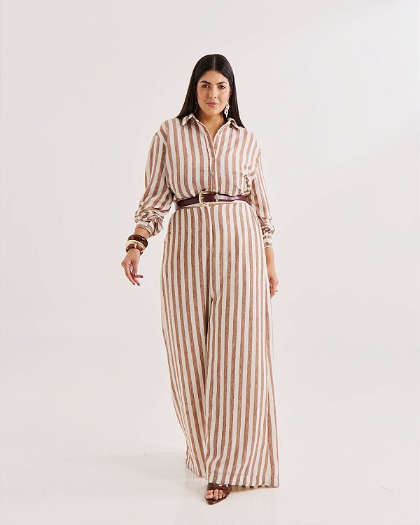 Conjunto Camisa e Pantalona Listra Marrom Quality Moda Plus Size Quebela Primavera