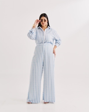 Conjunto Camisa e Pantalona Listra Azul Quality Moda Plus Size Quebela Primavera