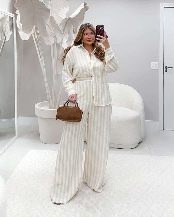 Conjunto Camisa e Pantalona Listra Amarelo Quality Moda Plus Size Quebela Primavera loja