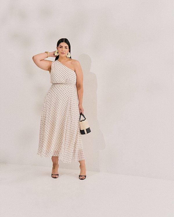 Vestido Poá Creme Quality Moda Plus Size Quebela Primavera