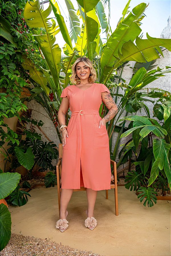 Vestido Midi Coral Quality Moda Plus Size Milliossi Primavera