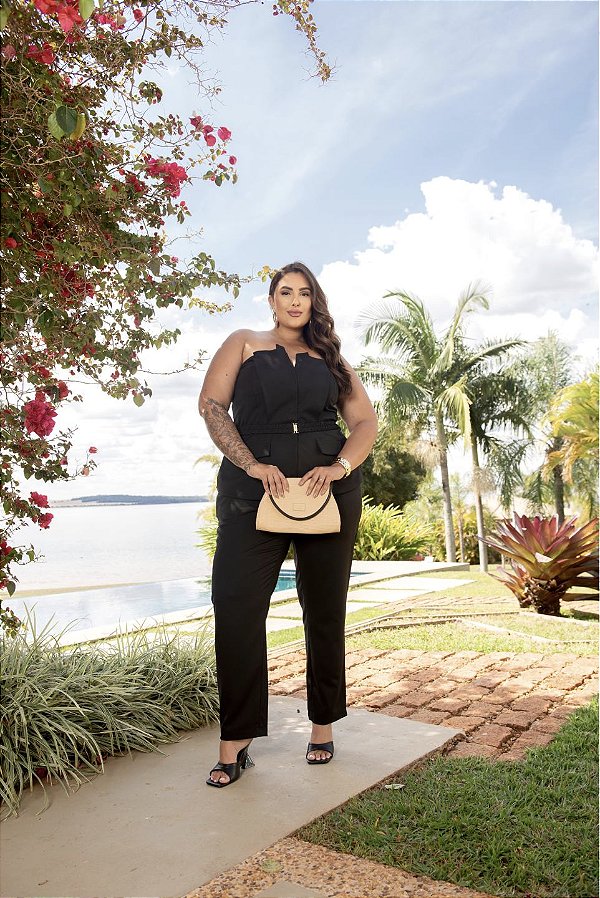Conjunto Tomara que Caia e Calça Preto Quality Moda Plus Size Divas Primavera