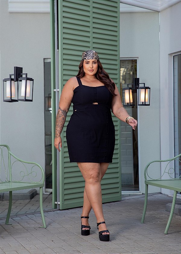 Vestido Botões Preto Quality Moda Plus Size Milliossi Primavera
