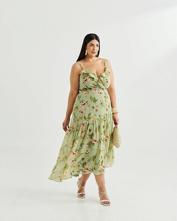 Vestido Midi Estampado Quality Moda Plus Size Quebela Primavera