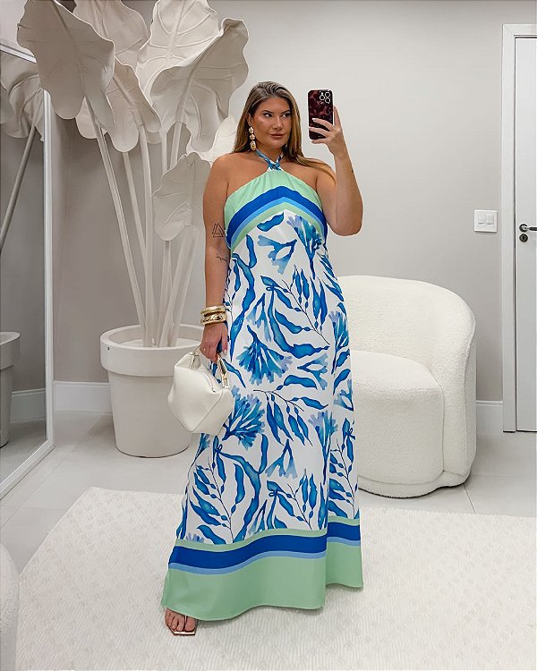 Vestido Salina Azul Floral Quality Moda Plus Size Duas Primavera