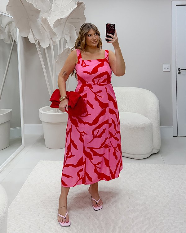 Vestido Midi Estampado Rosa Quality Moda Plus Size Milliossi Primavera loja