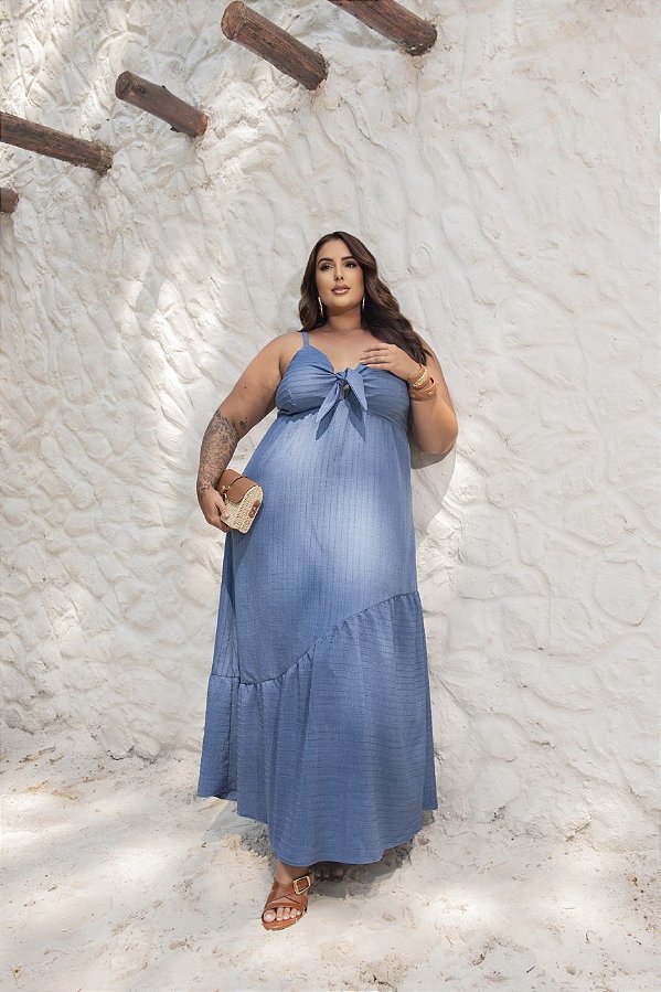 Vestido Longo com Amarração Azul Quality Moda Plus Size Divas Primavera loja