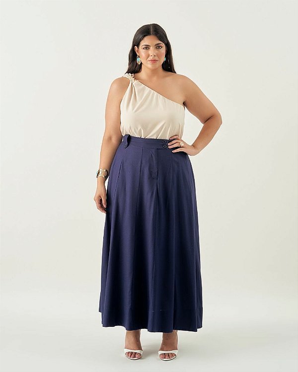 Saia Midi Marinho Quality Moda Plus Size Quebela Primavera
