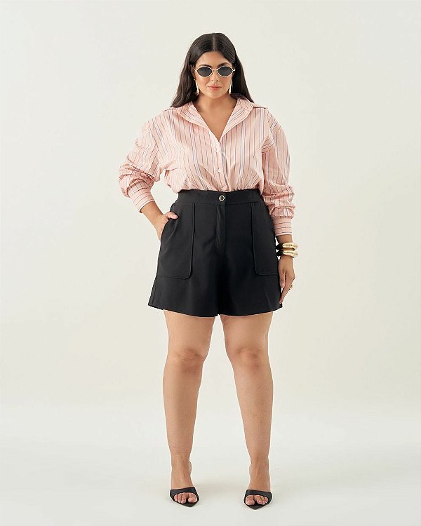 Shorts Alfaiataria Bolso Preto Quality Moda Plus Size Quebela Primavera