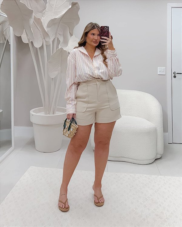 Shorts Alfaiataria Bolso Bege Quality Moda Plus Size Quebela Primavera