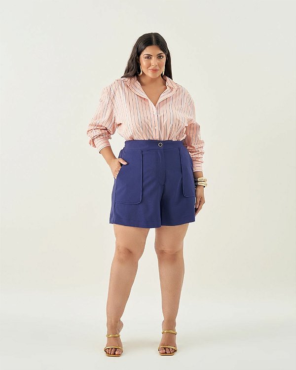 Shorts Alfaiataria Bolso Marinho Quality Moda Plus Size Quebela Primavera