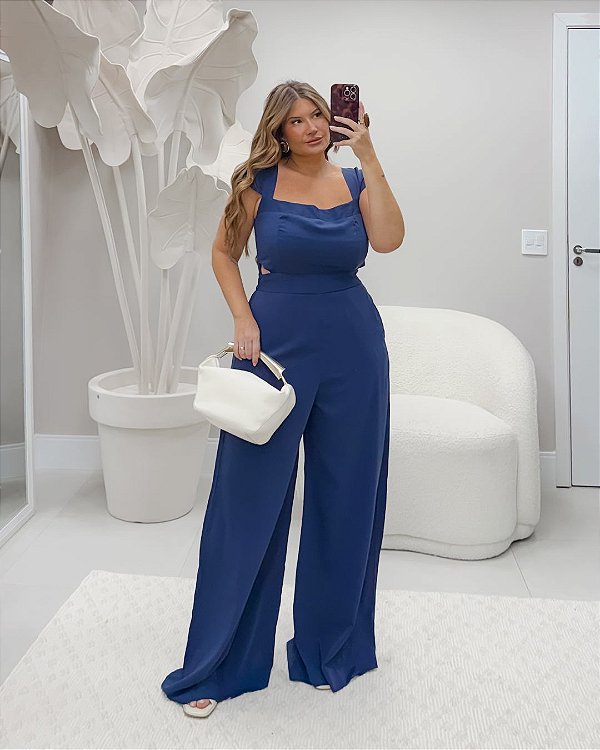 Macacão Recorte Marinho Quality Moda Plus Size Quebela Primavera