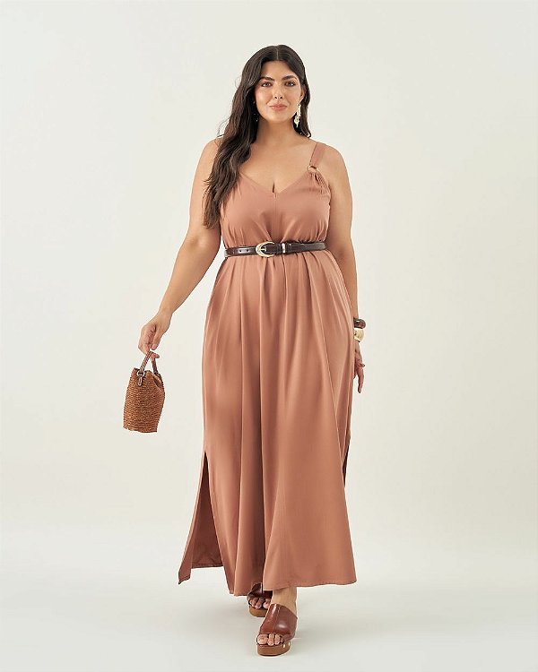 Vestido Fenda Marrom Quality Moda Plus Size Quebela Primavera