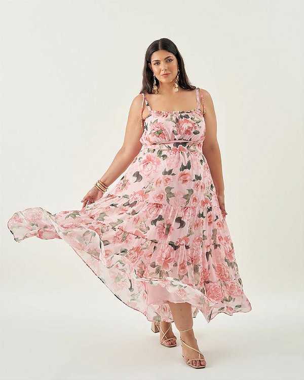 Vestido Midi Floral Rosa Quality Moda Plus Size Quebela Primavera