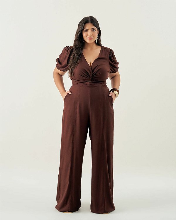 Conjunto Cropped Nó e Pantalona Marrom Quality Moda Plus Size Quebela Primavera