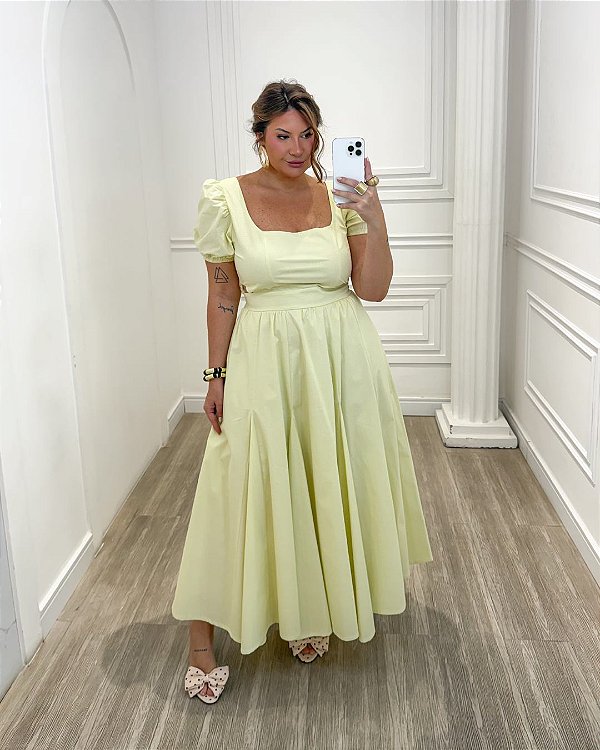Vestido Midi Meia Manga Amarelo Quality Moda Plus Size Quebela Primavera