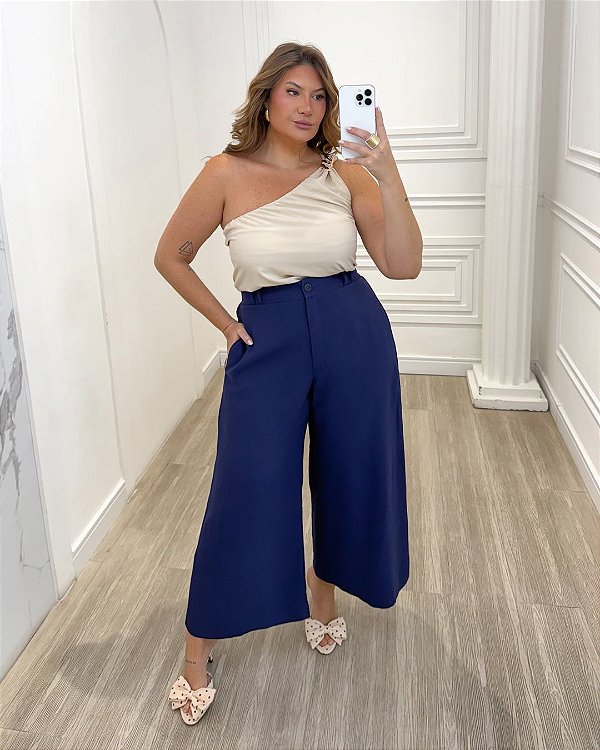 Calça Pantacourt Marinho Quality Moda Plus Size Quebela Primavera